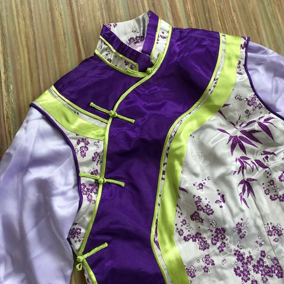 Cheongsam QiPao Long Sleeve Tunic Top Purple Green Bamboo Satin Brocade - Picture 4 of 9